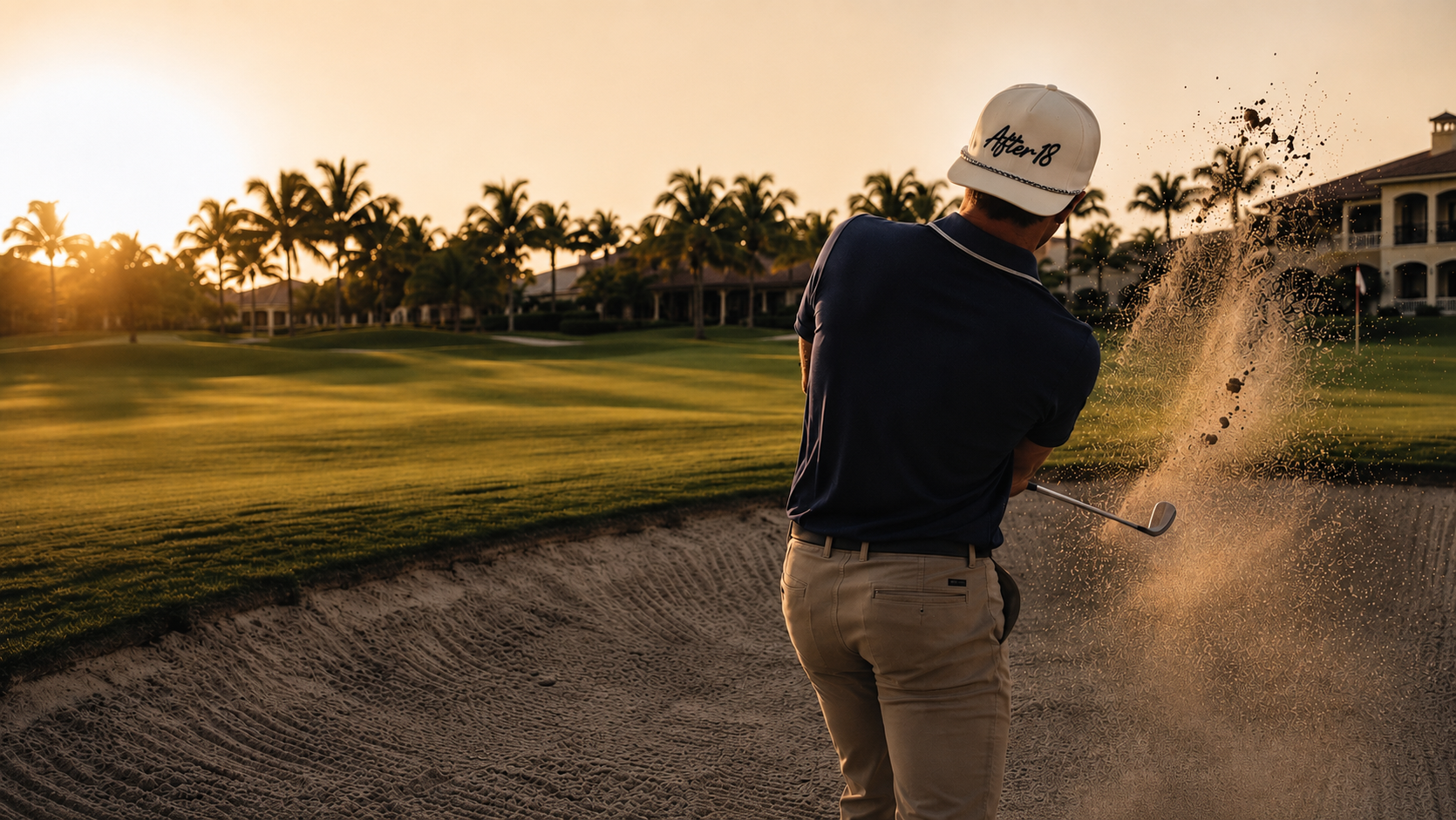 Bunker shot at sunset in the After 18 rope hat